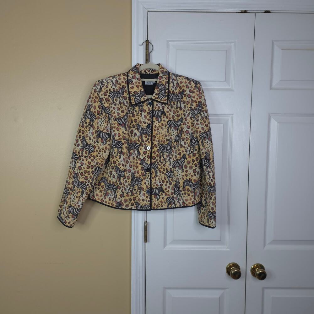 Vintage 90s Maggy London 100% Silk Quilted Safari Zebra Print Jacket Size 10